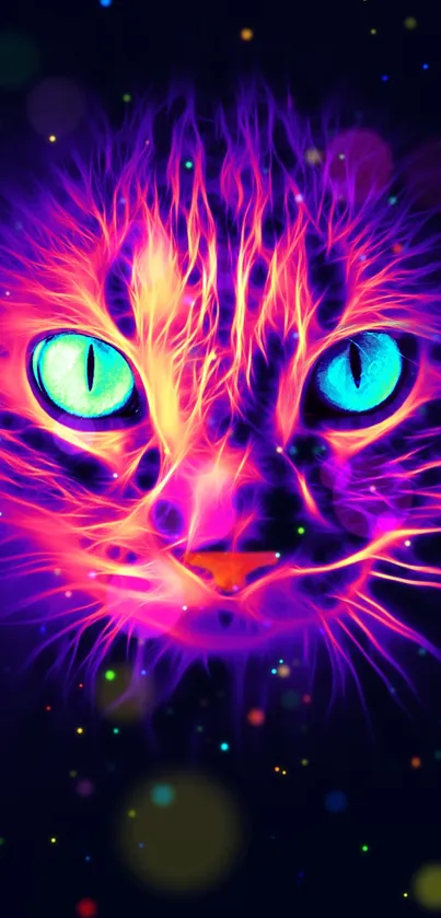 Vibrant neon cat with glowing digital art style in purple hues.