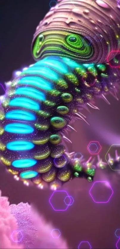 Vibrant neon caterpillar artwork with futuristic and colorful design.