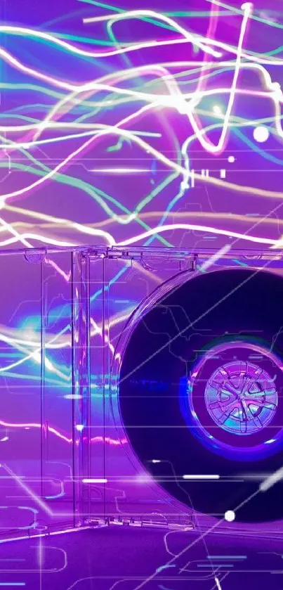 Neon-themed phone wallpaper with vibrant CD art and light streaks.