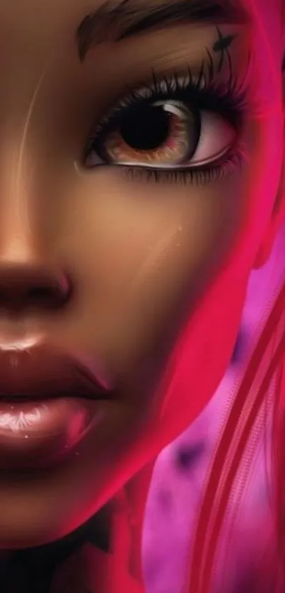 Vibrant digital character art with neon pink hues.