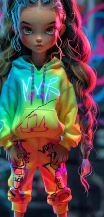 Stylized character in neon hoodie and pants with vibrant colors.