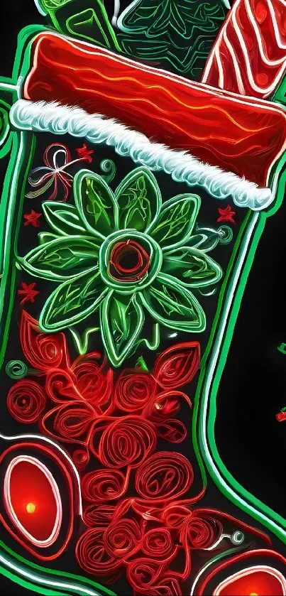 Vibrant neon Christmas stocking with festive designs and colors.