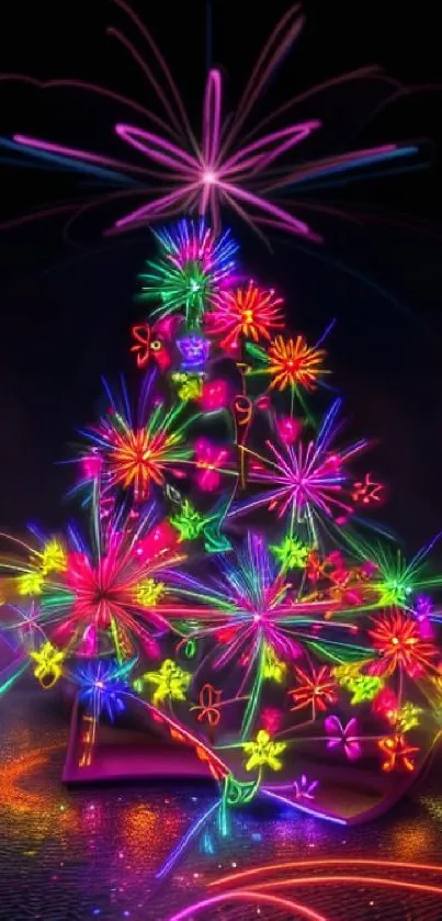 Neon Christmas tree with colorful fireworks and vibrant lights.