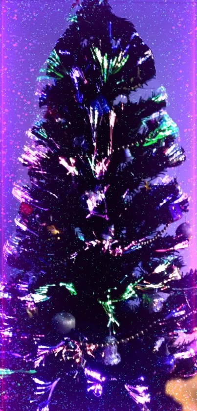 Neon Christmas tree with glowing lights and vibrant purple hues.