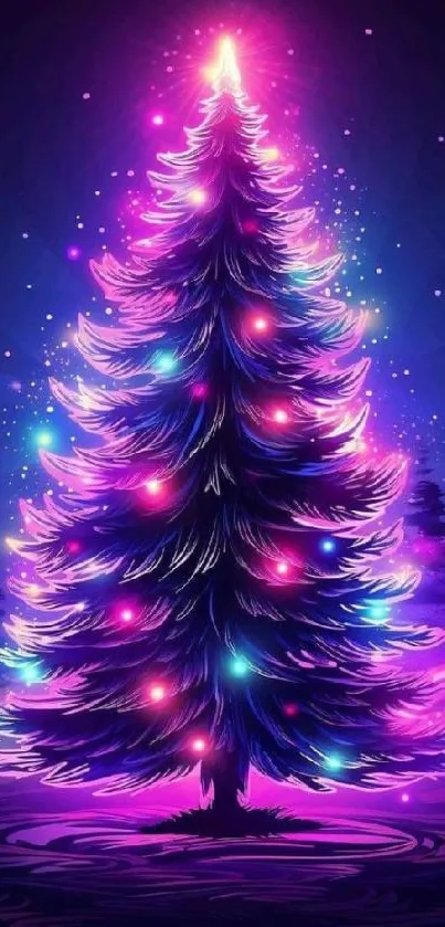 Vibrant neon Christmas tree with glowing lights set against a dark purple background.