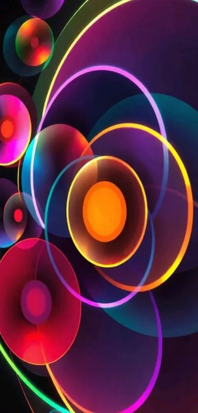 Vibrant neon abstract circles wallpaper with colorful design.