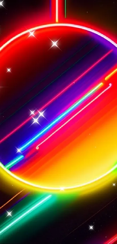 Vibrant neon circle abstract wallpaper, bursting with colorful lights.