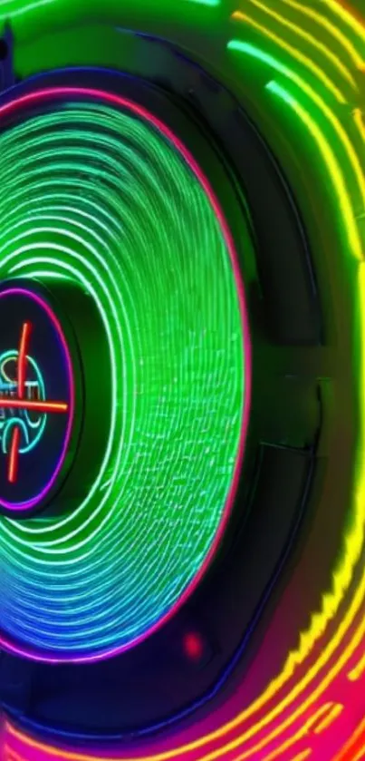 Vibrant neon circle design with glowing patterns.