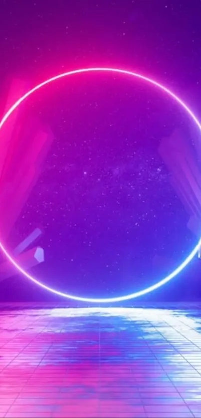 Futuristic neon circle with vibrant blue and pink hues.