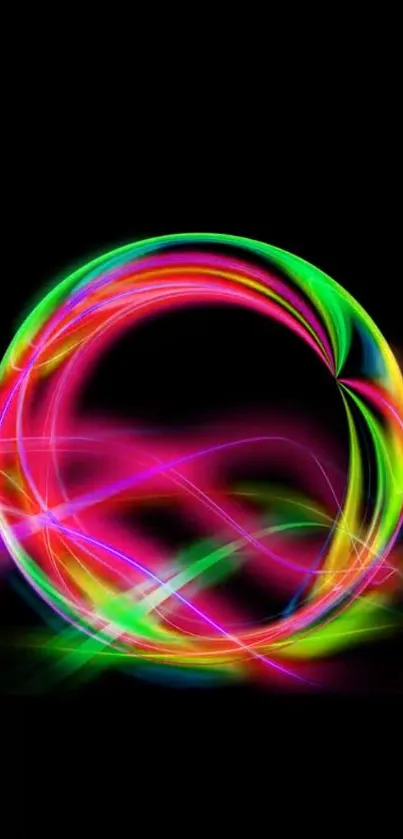 Vibrant neon circle on black background mobile wallpaper.