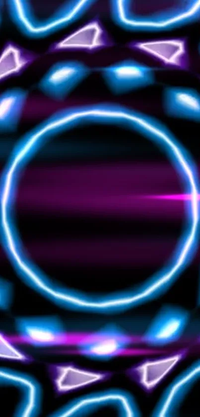 Vibrant neon circle design with electric blue and purple hues on mobile wallpaper.