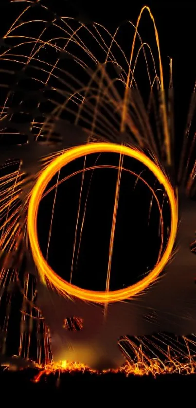 Dynamic neon circle with glowing sparks on a dark background.