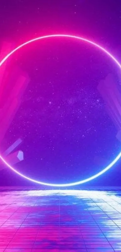 Neon circle against a purple and pink futuristic background.