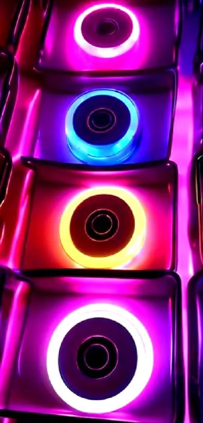 Vibrant neon circles in various colors on dark background.