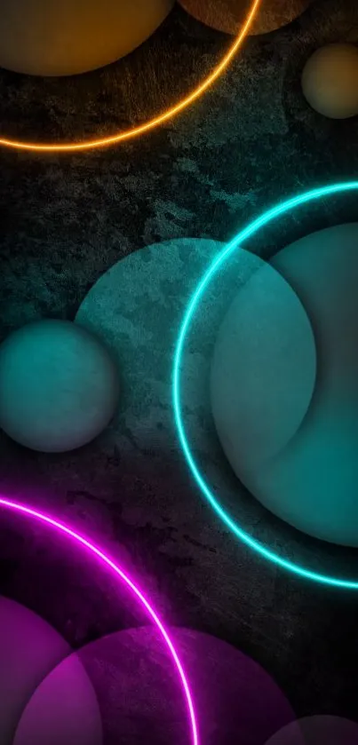 Vibrant neon circles on dark textured background mobile wallpaper.