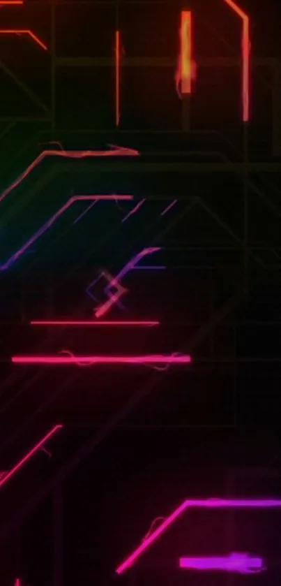 Neon circuit wallpaper with vibrant glowing lines and geometric shapes.