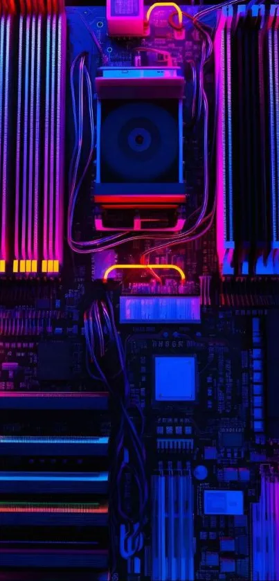 Neon lit motherboard design with vibrant purple and blue hues.