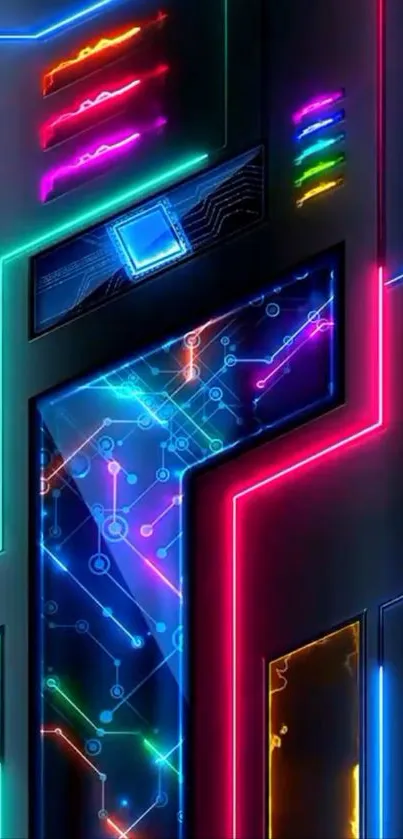 Futuristic mobile wallpaper with neon circuitry design.
