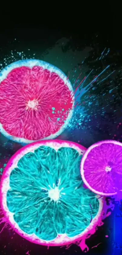 Neon citrus slices with pink, purple, and turquoise hues on dark background.