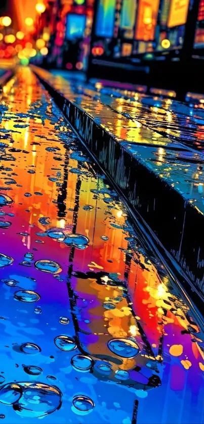 Neon city landscape with vibrant reflections on water.