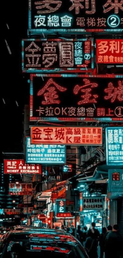 Vibrant neon cityscape with glowing street signs.