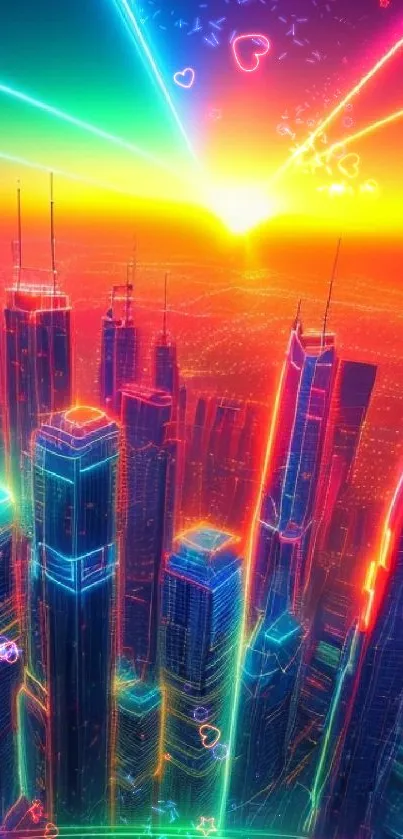 Futuristic neon cityscape at sunset with vibrant skyscrapers.