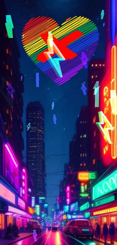 Neon cityscape with colorful heart in the sky, vibrant urban night view.