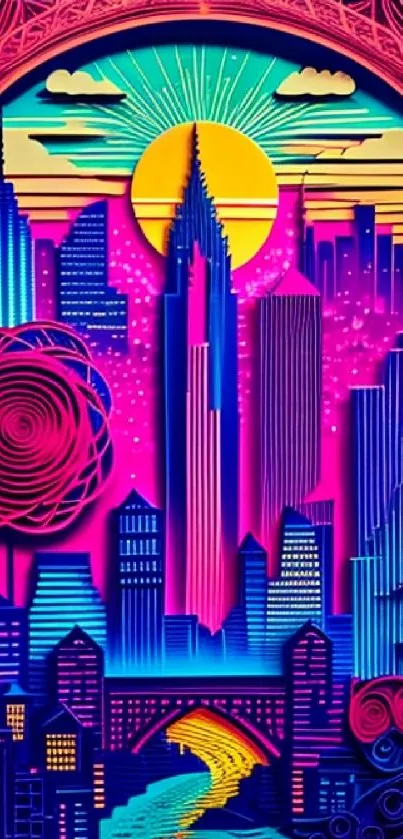 Vibrant neon cityscape with intricate artistic design.