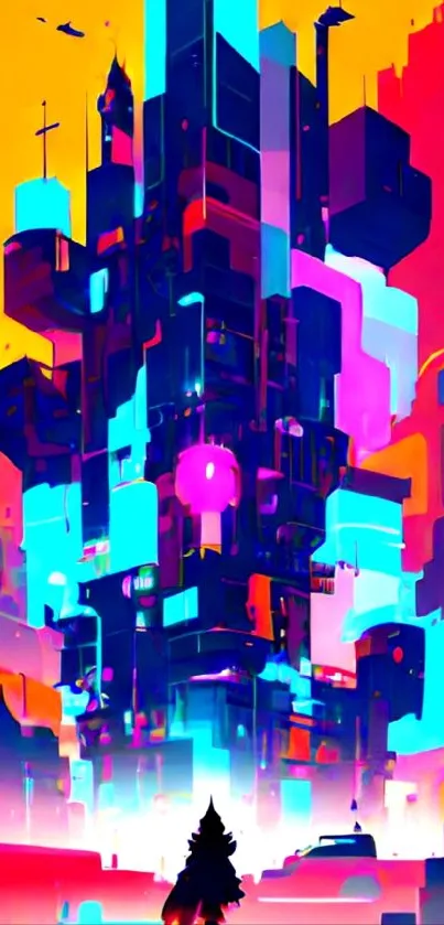 A vibrant neon cityscape with bold colors and futuristic architecture.