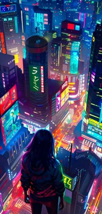 A person overlooking a neon-lit futuristic cityscape at night.