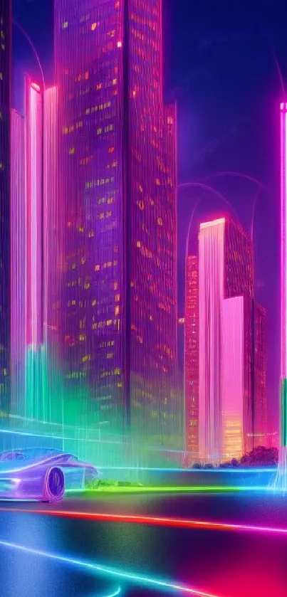 Futuristic neon cityscape with vibrant lights and sleek buildings.