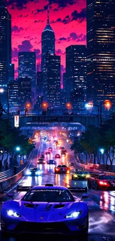 Neon-lit cityscape with sports cars at night.