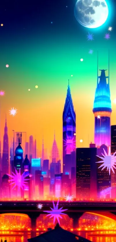 Vibrant neon cityscape with full moon and glowing skyscrapers.