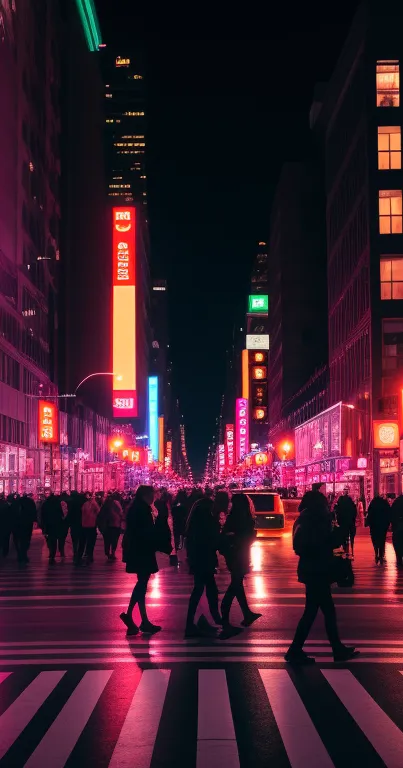 Neon city street at night with vibrant lights and silhouettes.