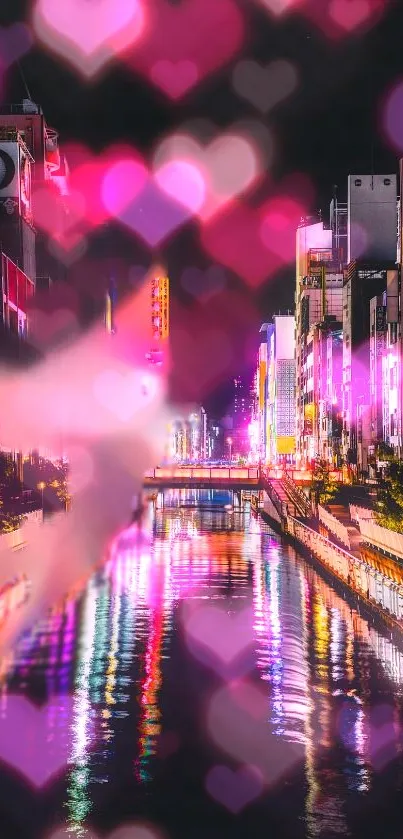 Neon cityscape with heart-shaped bokeh lights.