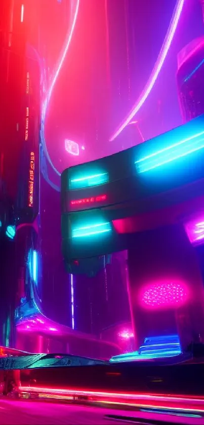 Futuristic neon cityscape with vibrant colors and a cyberpunk aesthetic.