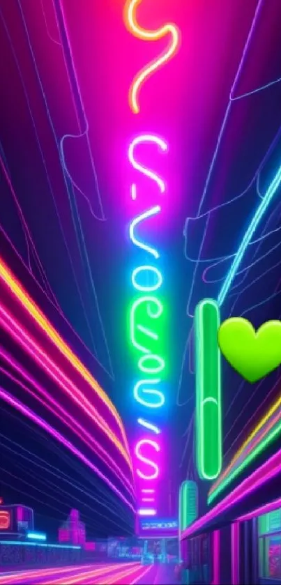 Neon cityscape with vibrant lights in magenta and green hues.