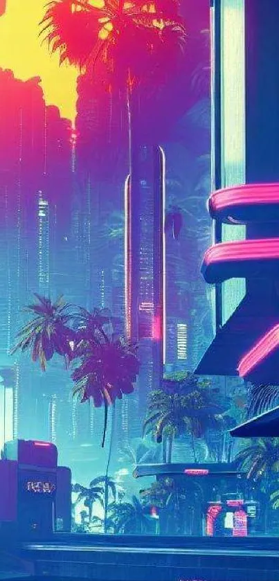 Colorful neon cityscape with palm trees and futuristic buildings at dusk.