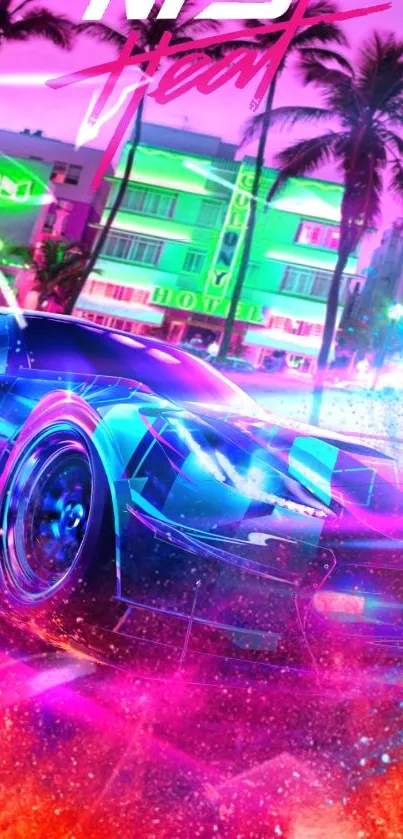 Neon-lit cityscape with sports car in vibrant pink hues.