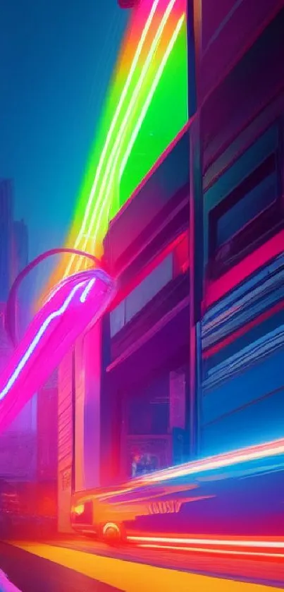Futuristic neon cityscape with vibrant colors and glowing lights at night.