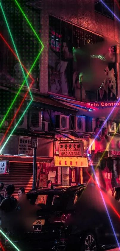Vibrant neon city street with shop signs at night.