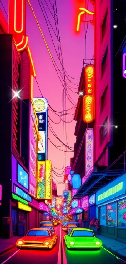Neon-lit urban street with vibrant signs and cars at dusk.