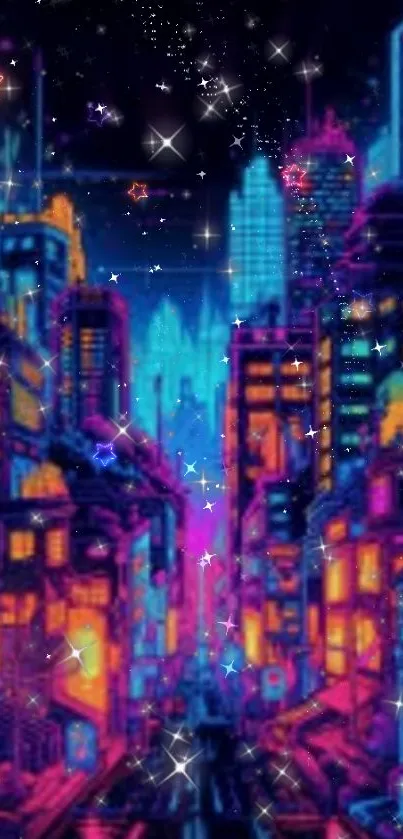 Futuristic neon cityscape with vibrant lights in blue and pink hues.