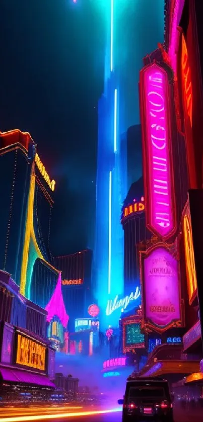 Futuristic cityscape with vibrant neon lights and bustling urban environment.