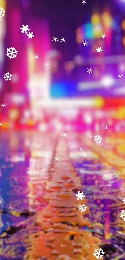 Vibrant neon cityscape with blurred lights and wet street reflection.