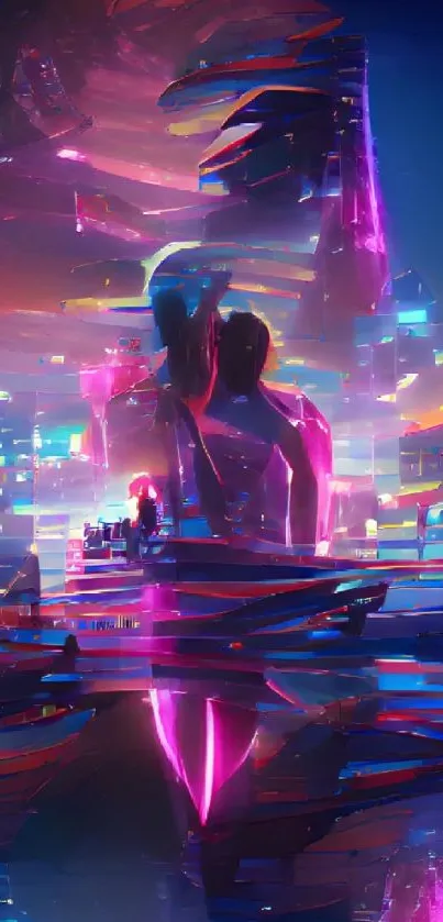 Futuristic neon cityscape with vibrant glowing lights.