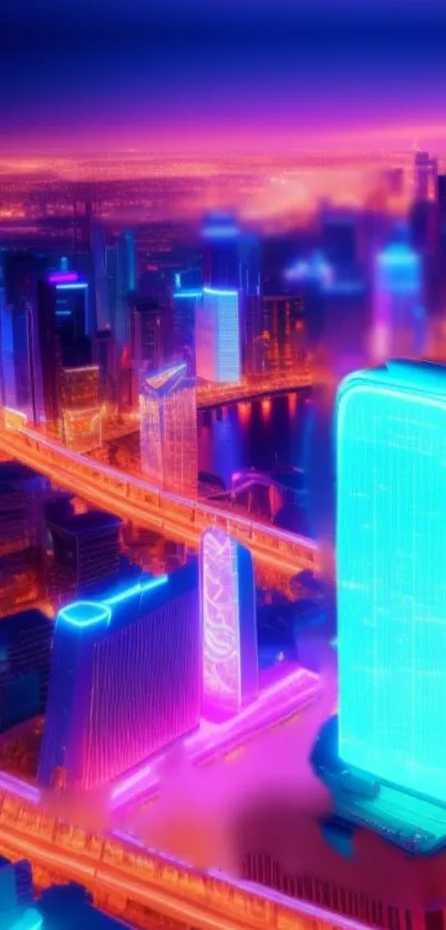 Vibrant neon cityscape at night with electric blue highlights.