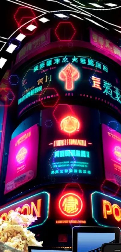 Neon cityscape wallpaper with colorful, glowing signs and dynamic urban elements.