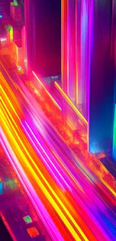 Vibrant neon cityscape with dynamic colors and futuristic urban design.