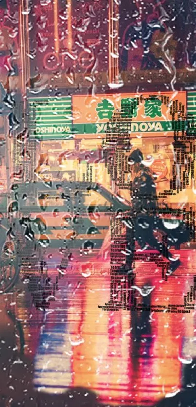 Urban night scene with vibrant neon reflections and a passerby.